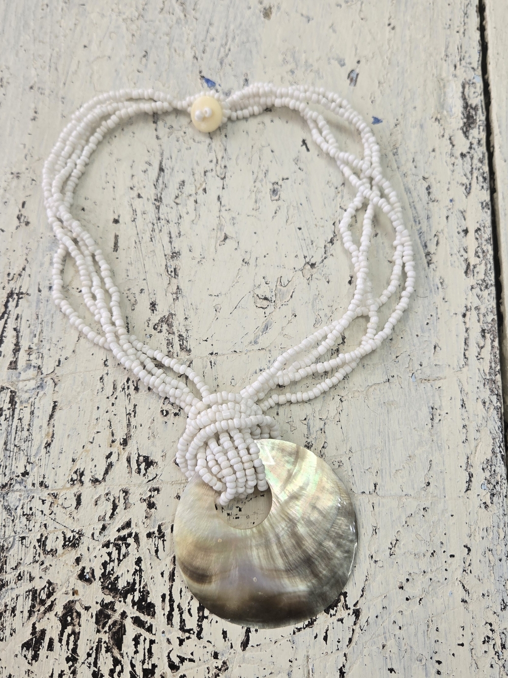 White Seed Bead Multi Strand Shell Pendant Statement Necklace 12” Boho Coastal